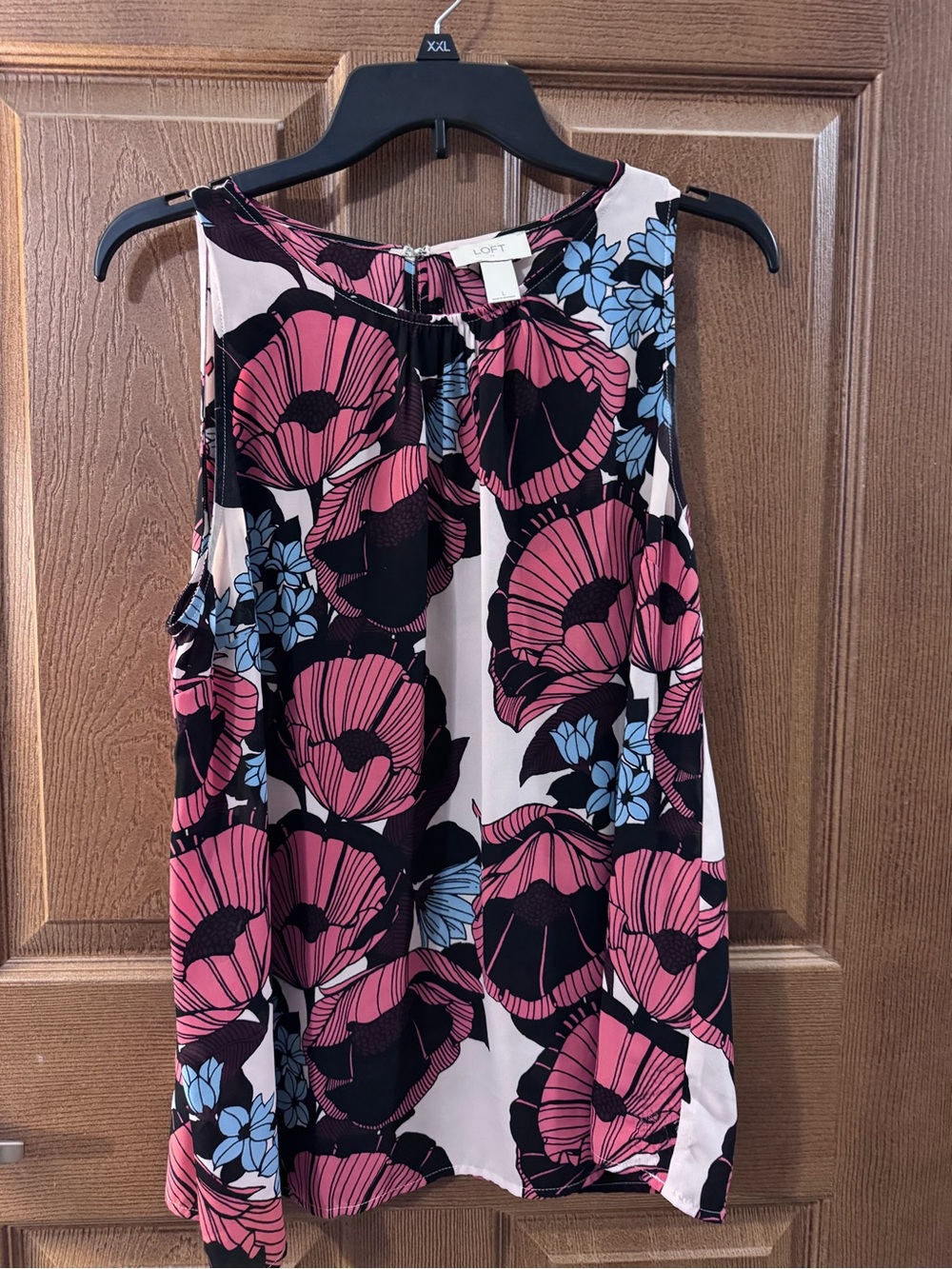 LOFT Black Sleeveless Top with Pink and Light Blue Floral Print Size Large